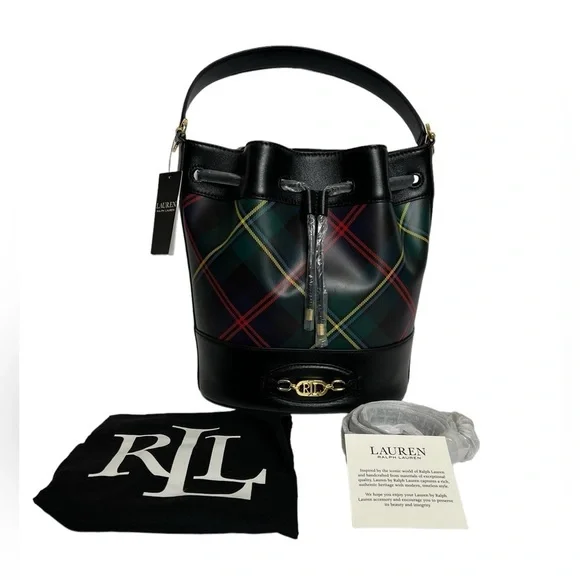 Ralph Lauren Andie Bucket Drawstring Plaid Leather Crossbody Bag